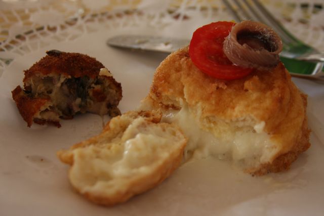 Fried mozzarella with anchovy and tomato & Fried eggplant "meatball"