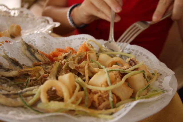 Classic fritto misto of calamari, zucchini, alici (like sardines), shrimp & artichoke
